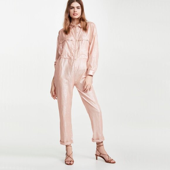 NWT Kondi pink & metallic thread cotton blend utility jumpsuit, XS - Picture 2 of 8